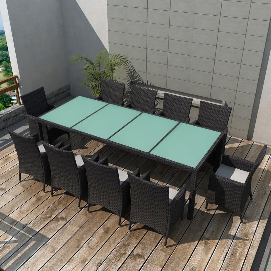 The Living Store 11-tlg. Garten-Essgruppe mit Auflagen Poly Rattan Schwarz