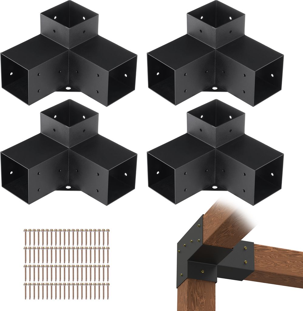 Four black metal corner connectors for wooden beams are displayed on a white background, along with a pile of screws. A separate image shows one connector installed on wooden beams.