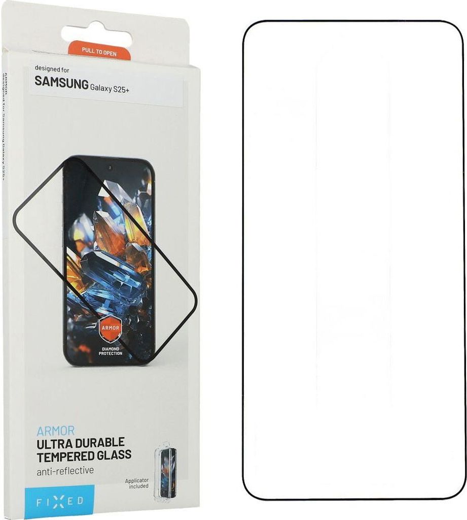 Gehärtetes Glas mit Applikator für Galaxy S25 Plus, Fixed Armor Ultra Durable Tempered Glass, Schwarzer Rahmen