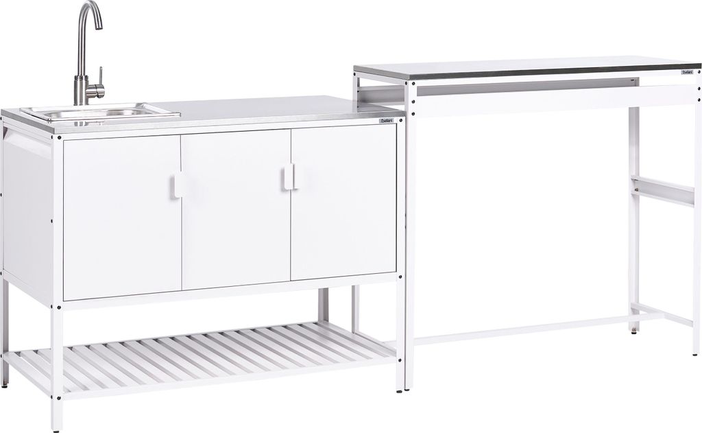 BELIANI Outdoor-Küche 2er Set Weiß Stahl mit Spüle Bartisch Edelstahlplatte Modern Gartenküche Outdoor-Küchenmöbel Kücheninsel für Garten D...