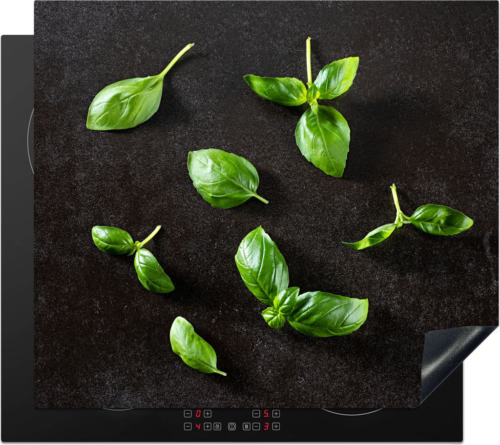 KitchenYeah Herdabdeckplatte Lose Basilikumblätter , 59x52cm, Küche Deko, Glaskeramikfeld Herdabdeckung, Abdeckplatte fùr Kochfeld