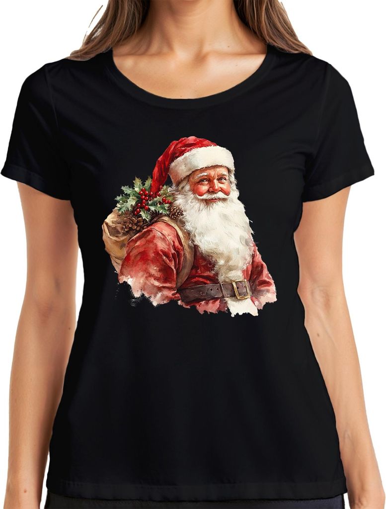 Weihnachtsmann Sack Stechpalme Tannenzapfen Bart Geschenk Vintage Damen T-Shirt, Schwarz, 3XL