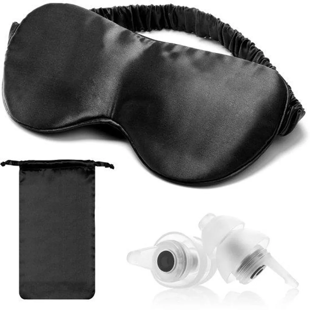 Masque de sommeil 100% soie de mûrier noir avec bouchons d'oreilles confort