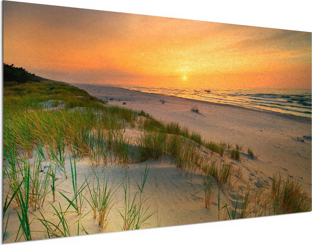 DEQORI Alu-Dibond Bild Gold 100x50 cm 'Sonne sinkt über Ostsee' Wandbild Metall dünn