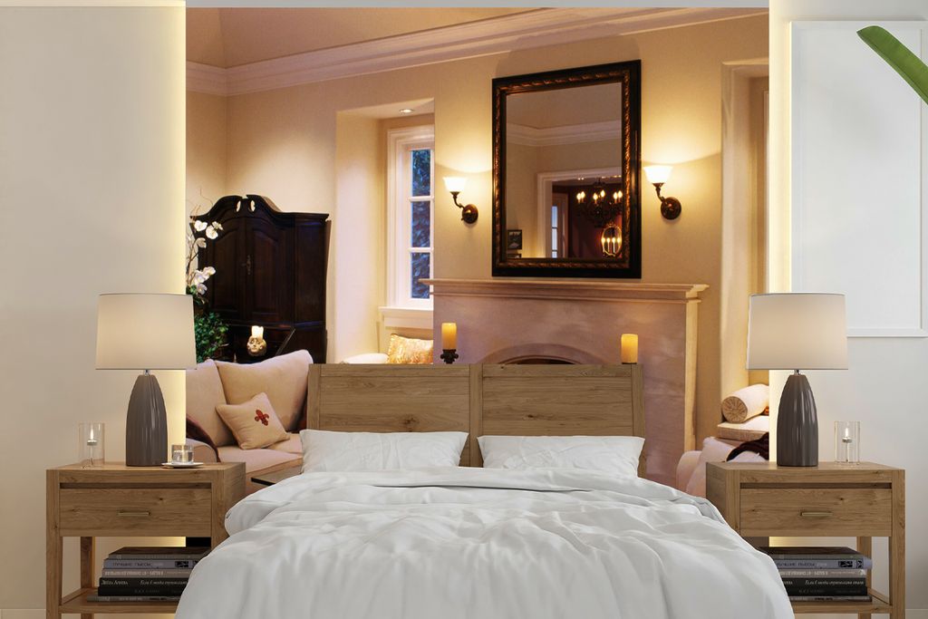 MuchoWow Fototapete für Wohnzimmer oder Schlafzimmer Wandtapete Vinyl Motivtapete Ein Kamin in einem n Zimmer - 240x240 cm - Schlafzimmer-Tapete