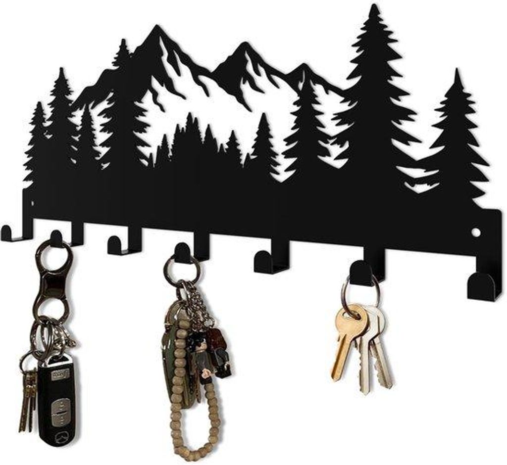 Metallische Wandhalterung mit Bergmotiv und sieben Haken