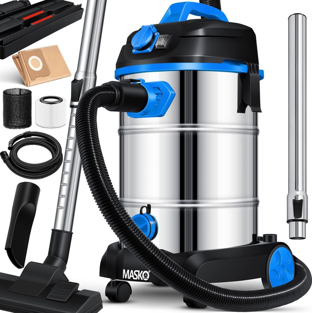 A studio shot of a wet/dry vacuum cleaner and its accessories against a white background.