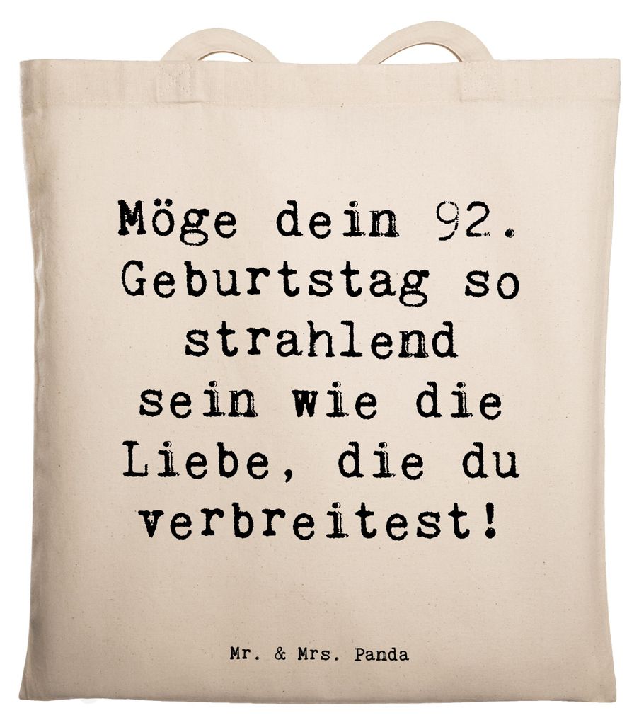 Mr. & Mrs. Panda Jutebeutel Spruch 92. Geburtstag Strahlen - Transparent - Geschenk, dokumententasche, einzigartiges, besondere Anlässe, Tote Bag,...