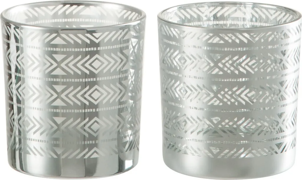 Set de 2 Porte-bougies Argent J-Line Ø 7.3cm en Verre aux Motifs Ethniques