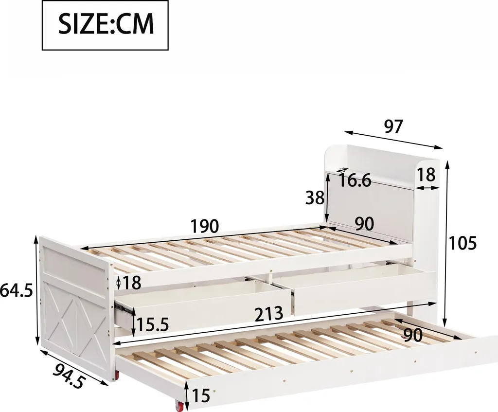 Lit Blanc 90x190 avec Tiroir de Rangement et Table de Chevet Connectée USB