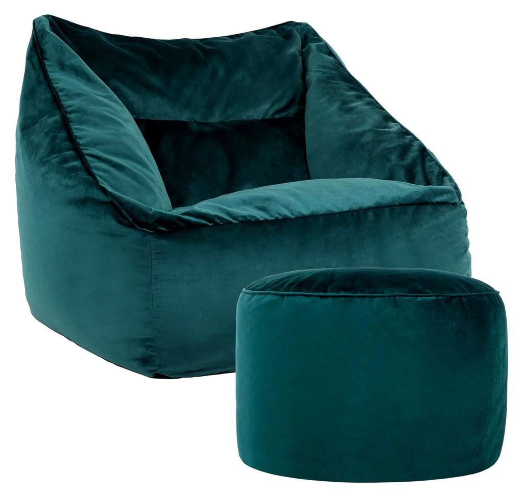 Sitzsack Sessel mit Sitzpuff für Erwachsene, Blaugrün, Flauschiger Samtstoff, Bequemer Sessel für Wohnzimmer, Lounge, Schlafzimmer, Büro