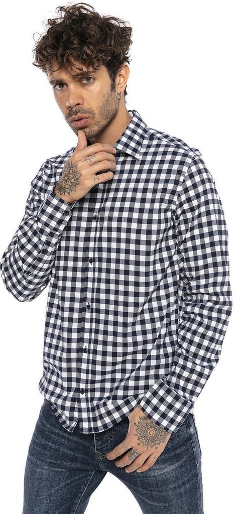Red Bridge Herren Hemd Casual Plaid Shirts Modern Fit Langarm Kariert Weiß-Navyblau XL