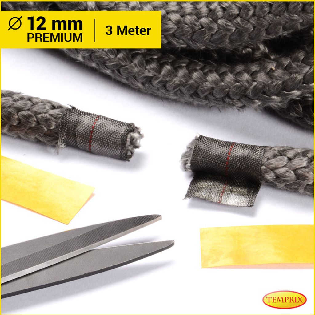 Temprix Kamindichtung & Ofendichtung Ø 12 mm Premium - 3 Meter inkl. Kleber | feuerfeste Ofenschnur, Kaminschnur & Dichtband bis 650°C temperatur...