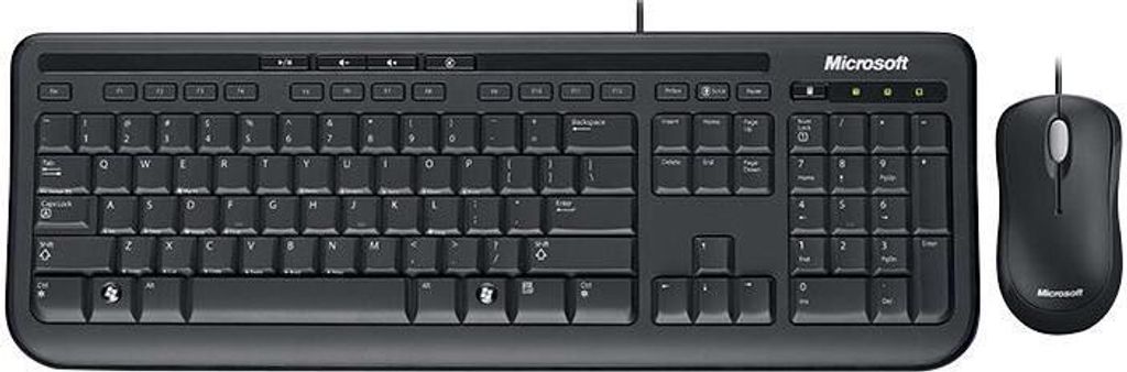 A black Microsoft keyboard and mouse set is displayed on a white background.