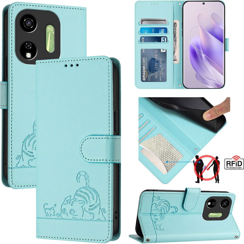 Leder Hülle für itel P55 5G Süße Katze Flip Case Brieftasche Schutzhülle mit Standfunktion hellgrün