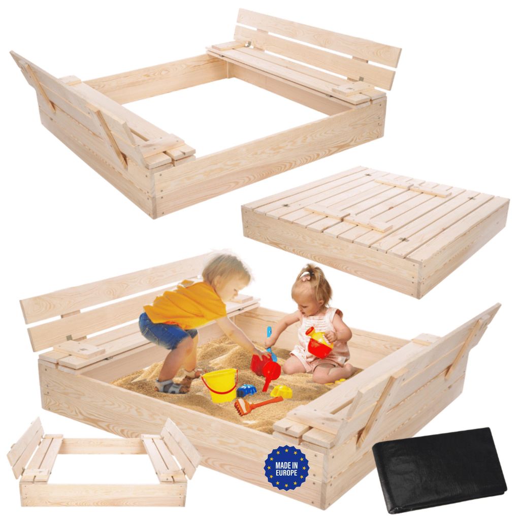 MODO24 Sandkasten Holz, mit Deckel, Sitzbänken, Holzsandkasten, Kinder Gartenspielzeug, Outdoor, 120x117 cm, Braun Imprägniert, PIA