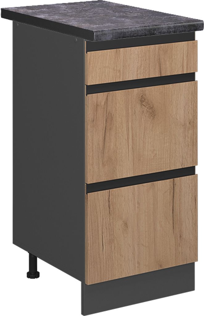 Küchenunterschrank Vicco R-Line Goldkraft Eiche 40 cm J-Shape mit Schubladen, AP Anthrazit, Model 46527
