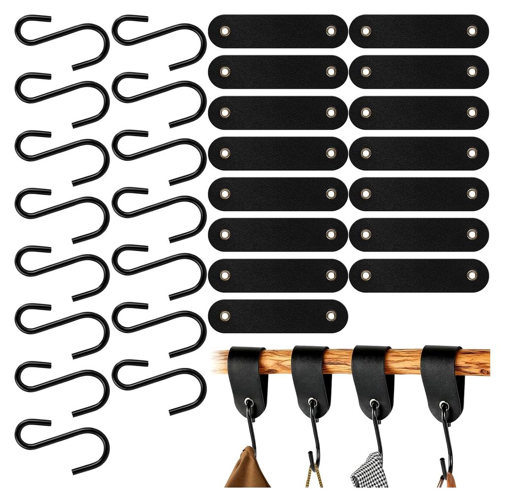 15Pcs S Haken mit Schwarz Lederschlaufe, Metallhaken Kleiderhaken Garderobe Kleiderstange Fensterhaken, Einhängen Campinghaken Mehrzweckhaken für...