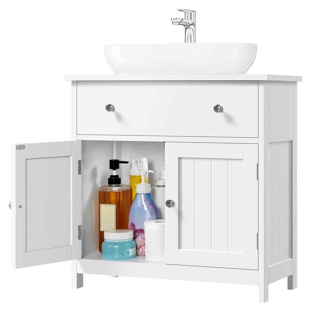 Waschbeckenunterschrank mit Schublade und Ablage, für den Boden, für Waschbecken, platzsparend, mit Doppeltüren aus MDF 60 × 30 × 60 cm, Weiß