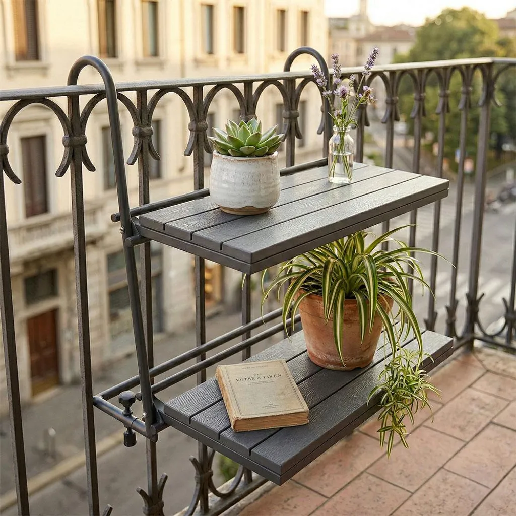Table de balcon pliable Ninfa aspect bois, structure acier robuste