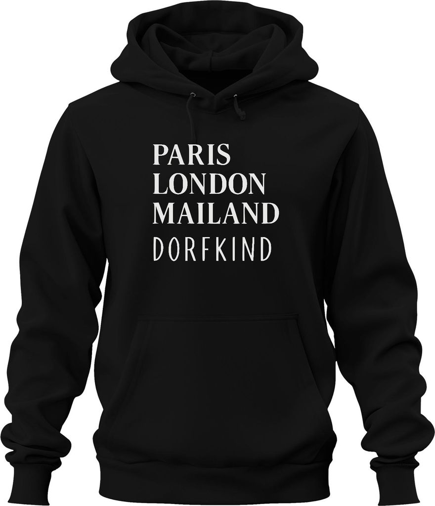 Paris London Mailand Dorfkind Städtereisen Mode Humor Citytrip Uni Hoodie Kapuzenpullover, Schwarz, XL