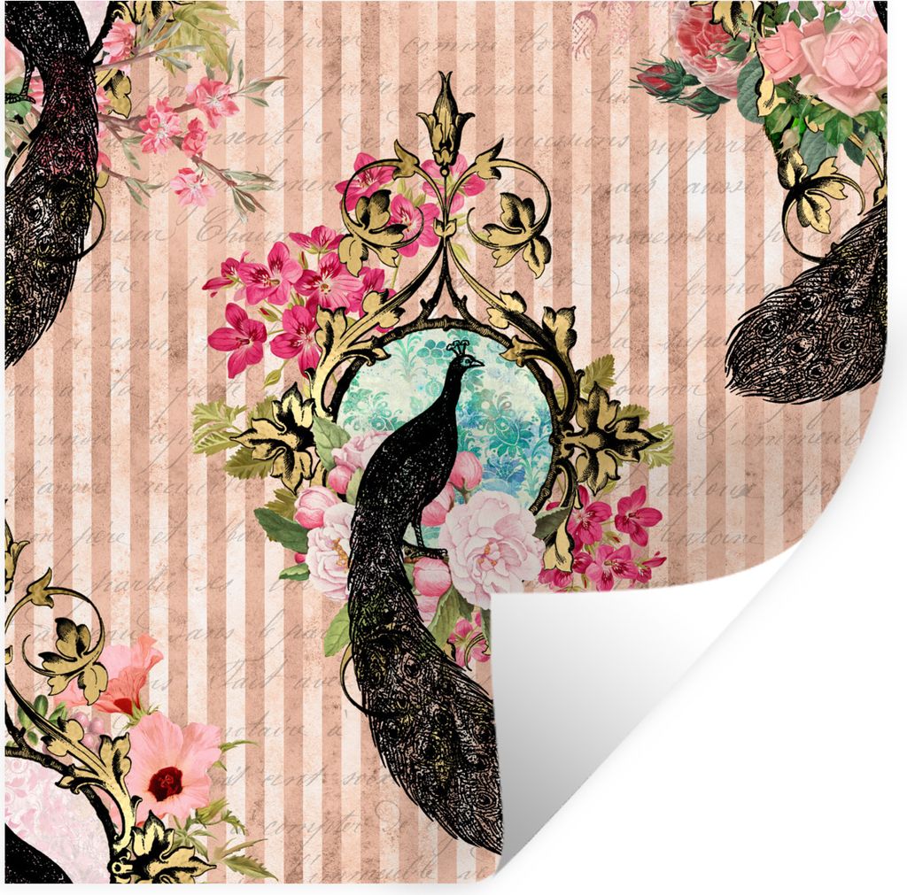 MuchoWow Wandtattoo Wandsticker Wandaufkleber Pfau - Rosa - Blumen 50x50 cm Selbstklebend und Repositionierbar - Selbstklebend - Fototapeten