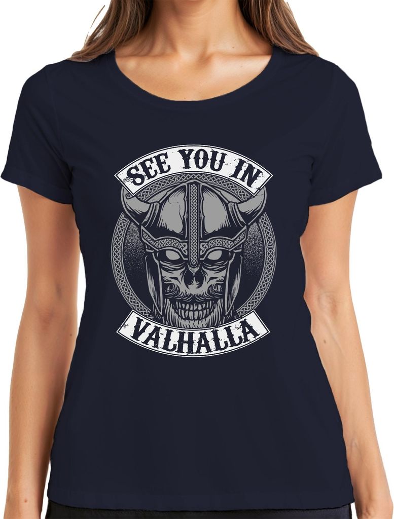 See you in Valhalla Wikinger Schädelhelm Nordisch Knoten Grunge Damen T-Shirt, Navy, S