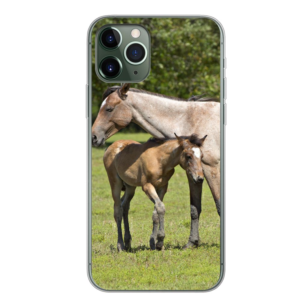 MuchoWow Handyhülle Schutzhülle Hülle für iPhone 11 Pro Pferde - Gras - Schatten Silikon Softcase Handy Hülle - Handy