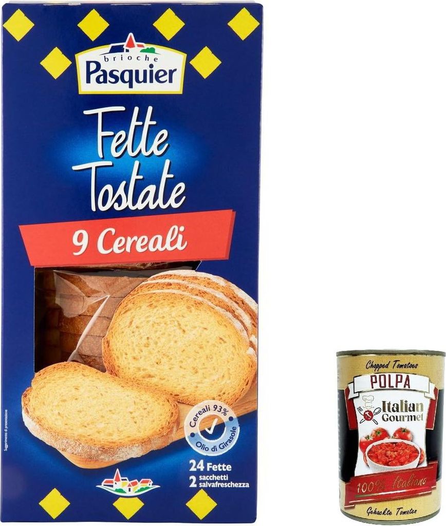 6x Pasquier Fette biscottate ai 9 cereali, Zwieback Gebackenem Brot mit 9 Müsli 240g + Italian Gourmet polpa 400g
