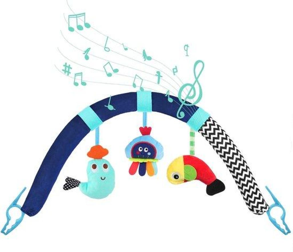 Spielzeugbogen für den Kinderwagen – Spielbogen für den Kinderwagen mit Musik – Verstellbare Clips – Spielzeug für den Kinderwagen