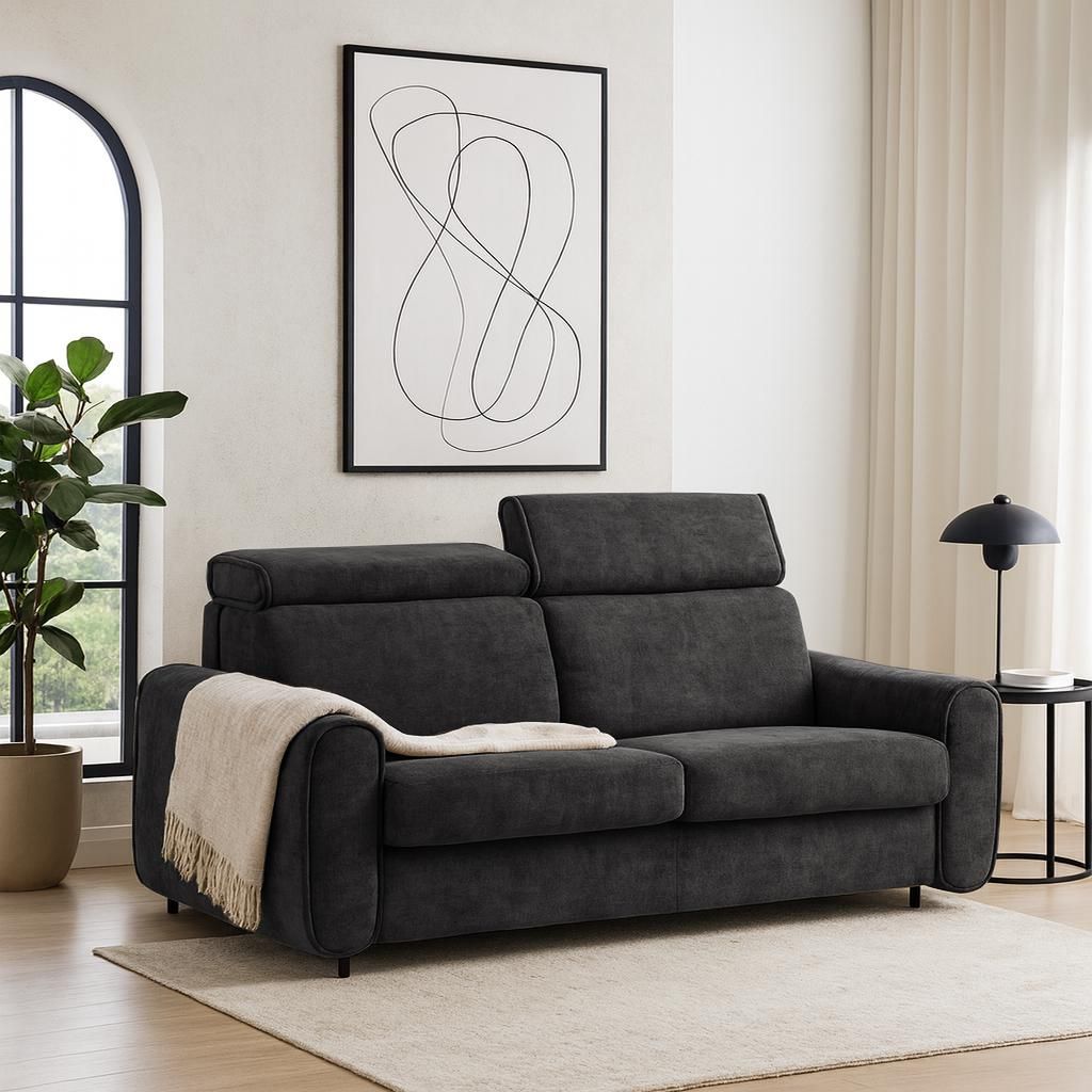 3-Sitzer Sofa PAVARTI – Schlafsofa mit Matratze 180x195 cm & italienischem Gestell & Ausklappsystem, Velours Anthrazit