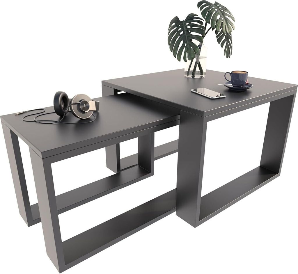 MATKAM Satztisch 2er Set, Couchtisch im Industrie-Stil, einfache Montage (Schwarz)