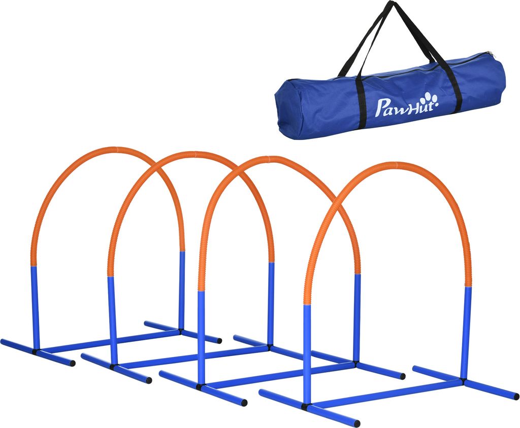 A dog agility training set and its carrying bag are displayed against a white background.