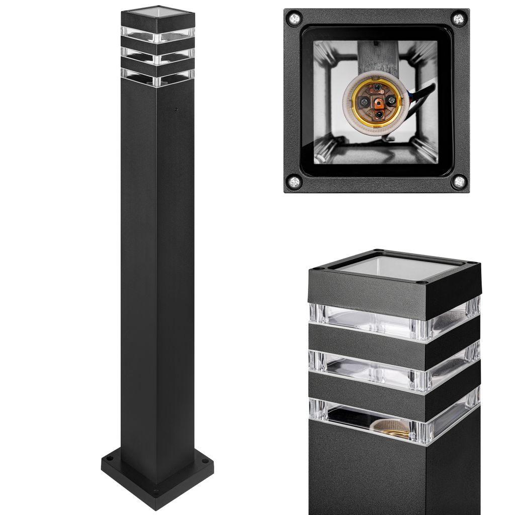 A collage of product images showing a black outdoor lamp post from different angles.