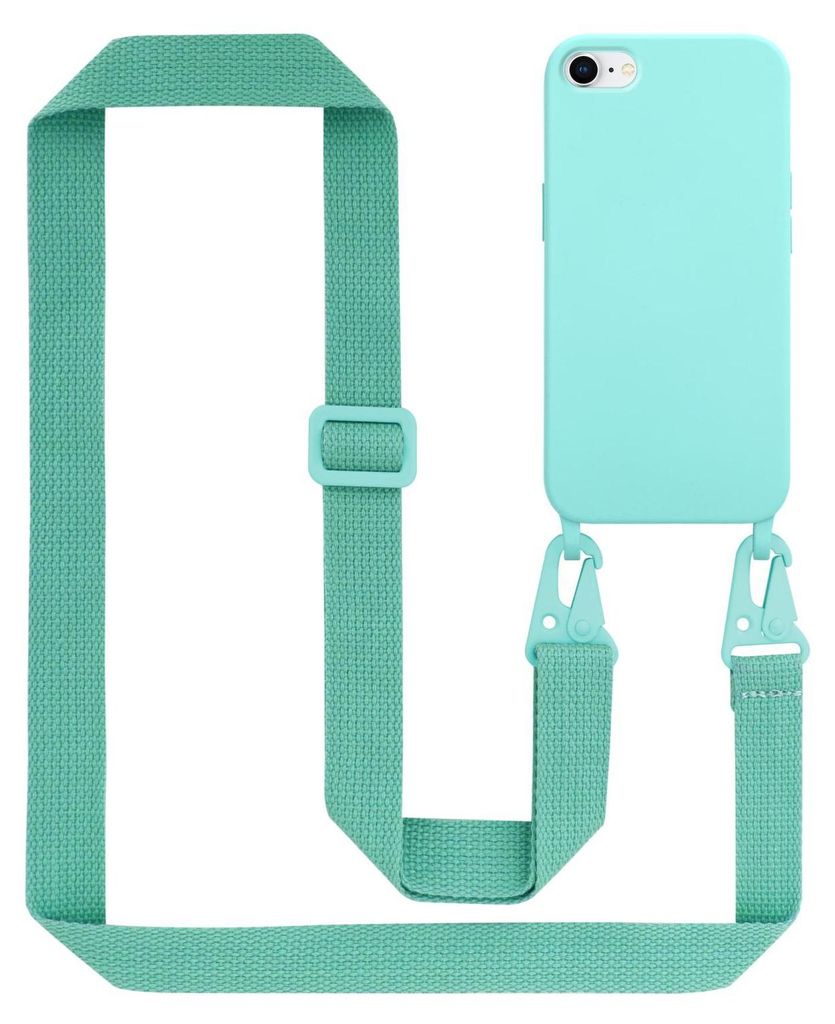A turquoise phone case with a matching lanyard is displayed against a white background.
