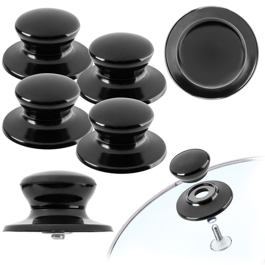A collection of black pot lid handles arranged on a white background.