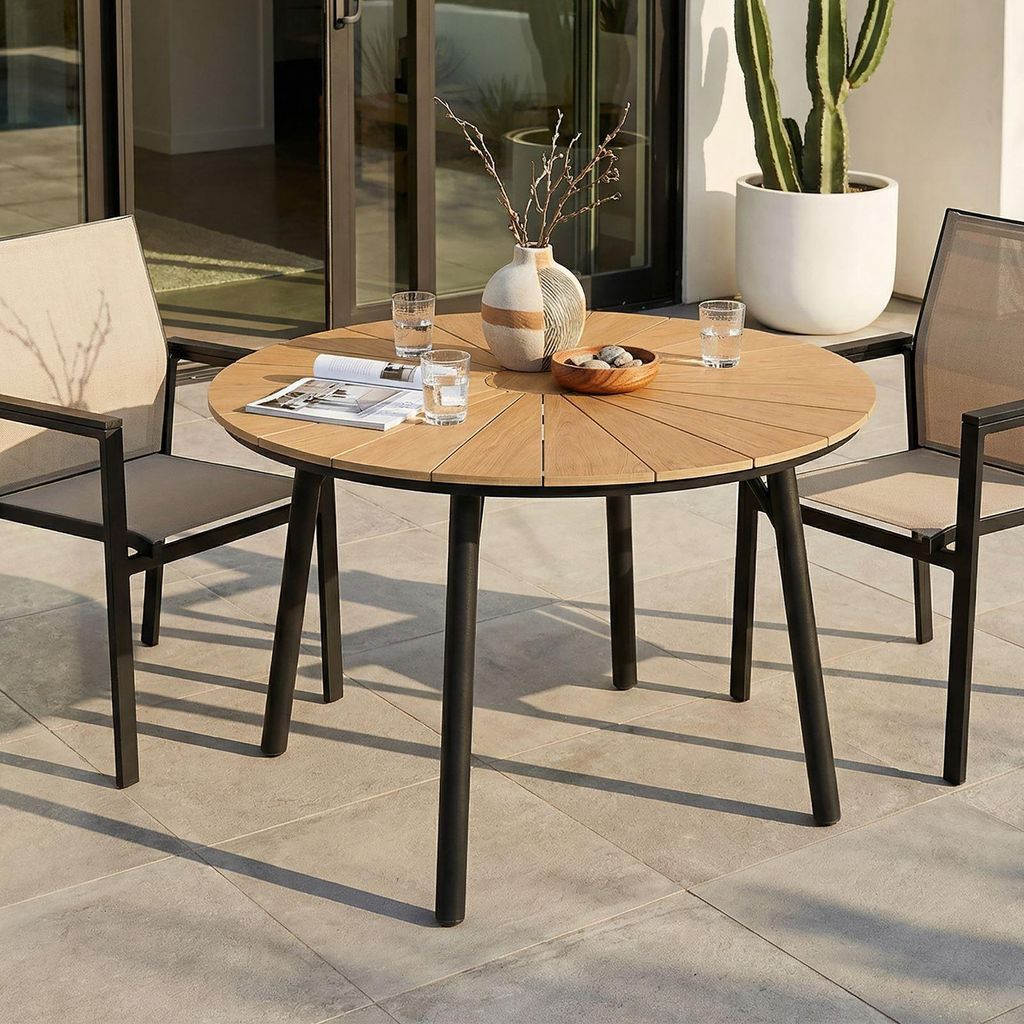 Gartentisch AGAPE rund 120x75cm, Schwarz/Natur – wetterfester Outdoor Tisch mit Aluminiumgestell und pflegeleichter WPC-Tischplatte in Holzoptik ...