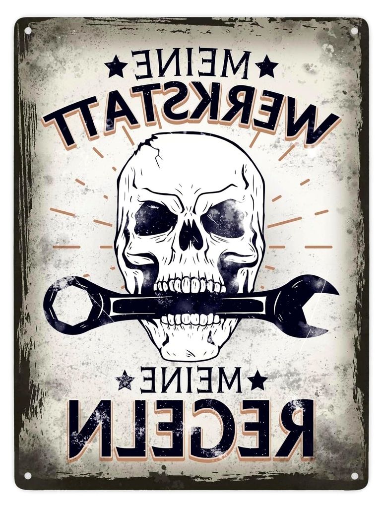 Werkstattregeln mit Totenkopf Metallschild XXL in 28x38 cm als Geschenk für Tüftler und Bastler