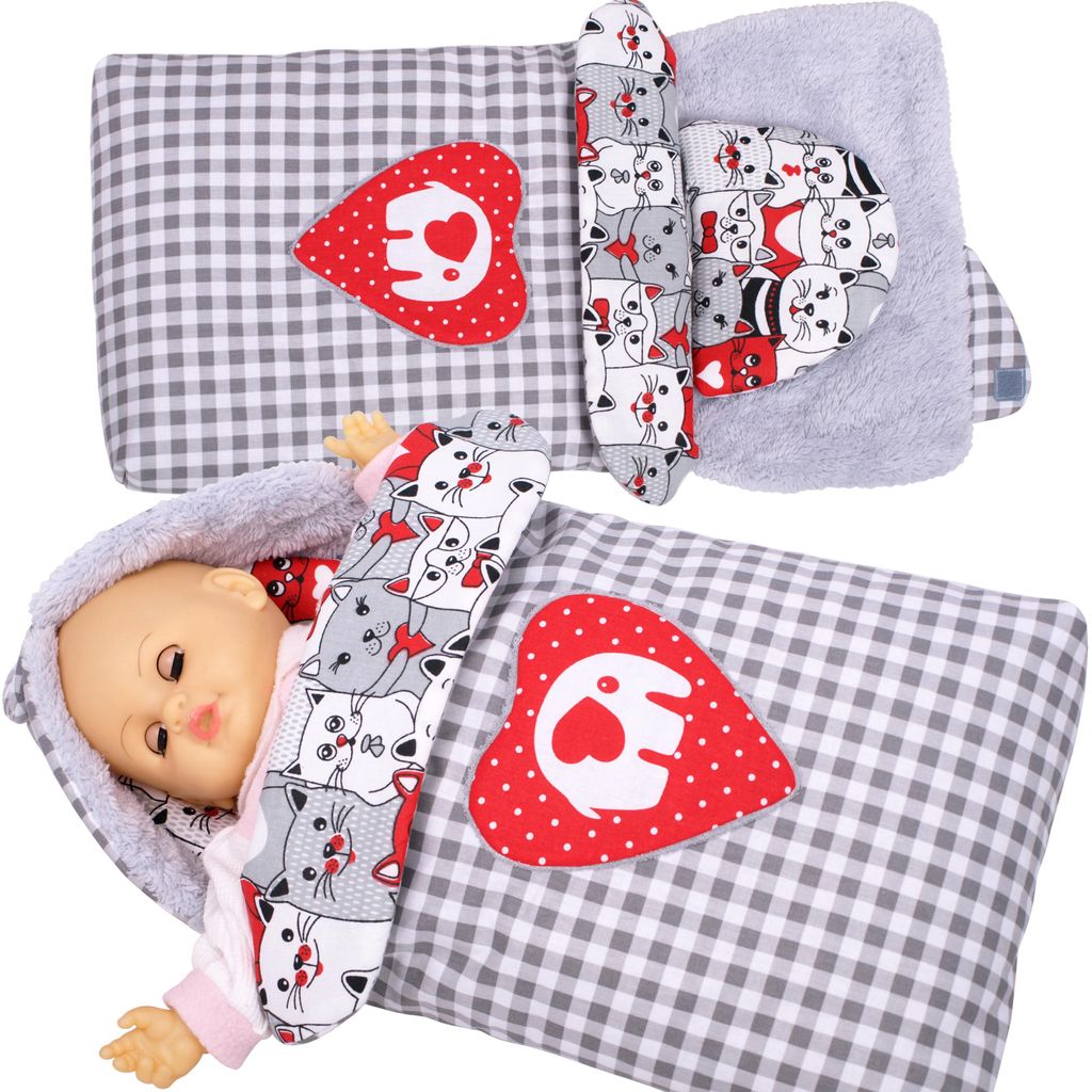 Pucksack mit Kapuze und Kissen für Puppen, BOBO Bettwäsche - Graues Karo mit Elefant