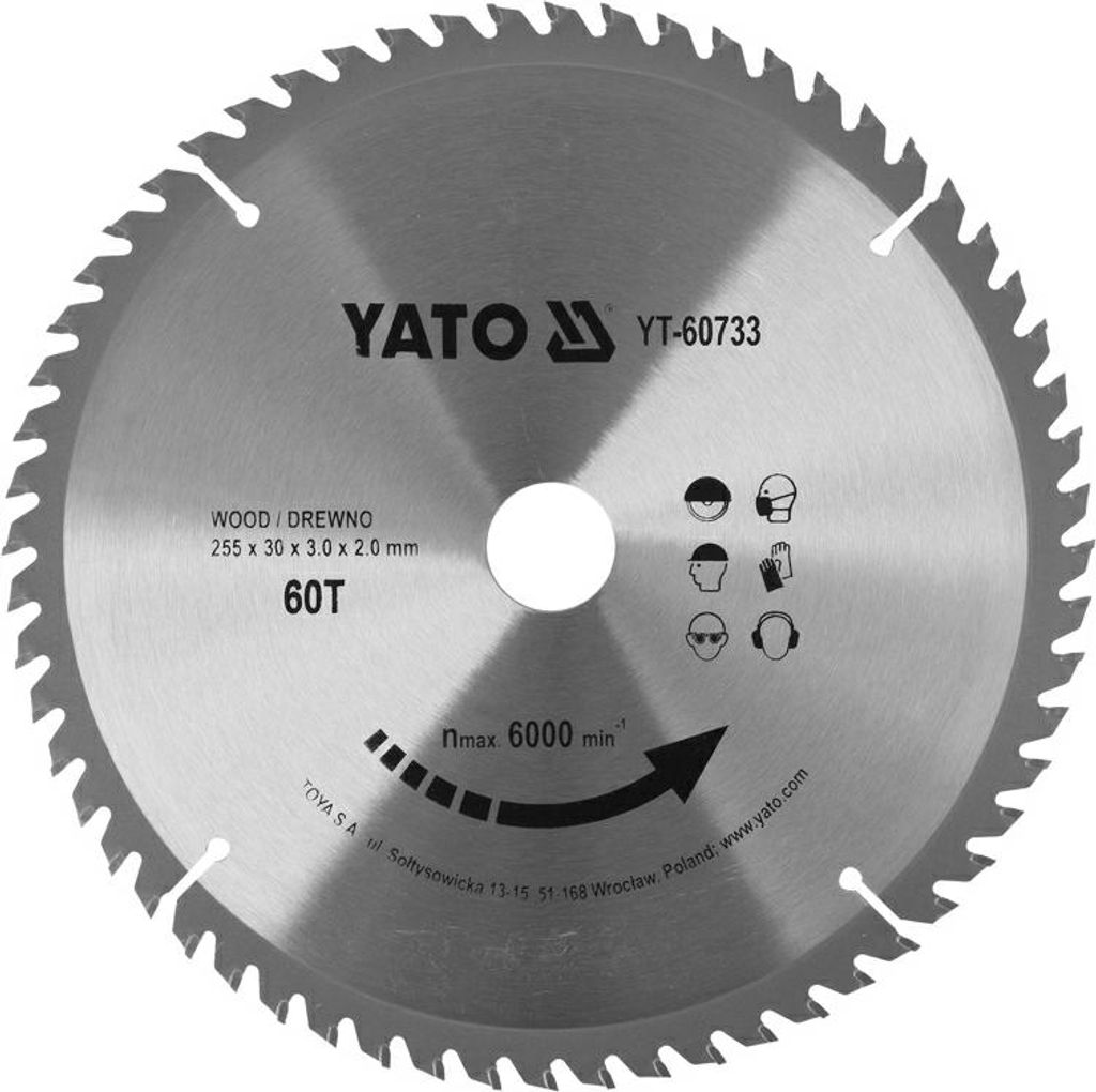 Yato YT-60733, Kunststoff, Holz, 25,5 cm, 3 cm, Hartmetall-bestücktes Wolfram (TCT), 6000 RPM, Yato