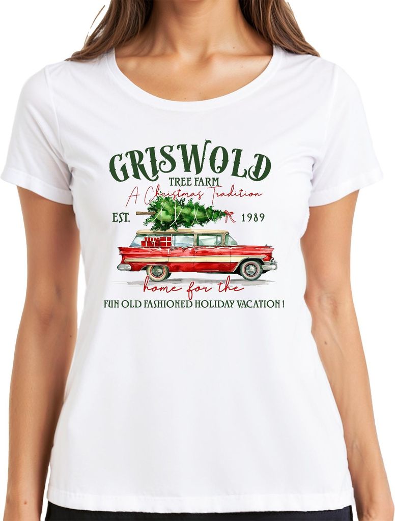 Griswold Tree Farm Christmas Tradition Vintage Car Holiday Damen T-Shirt, Weiß, S