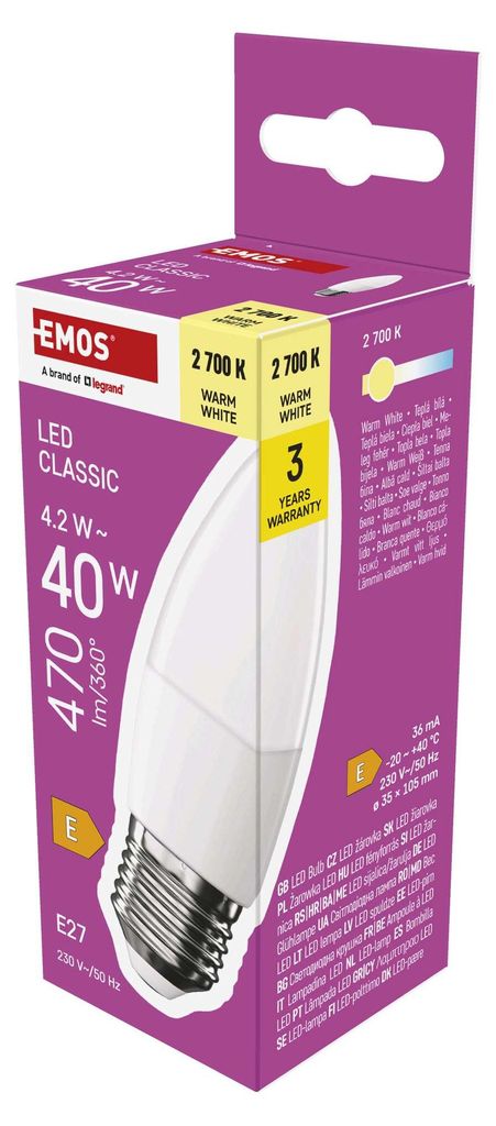 EMOS LED Lampe Candle, 4,2W Ersatz für 40W Glühbirne, Kerzenlampe mit E27 Sockel, Helligkeit 470 lm, Warmweiß 2700 K, 30000 h Lebensdauer, ZQ4E21