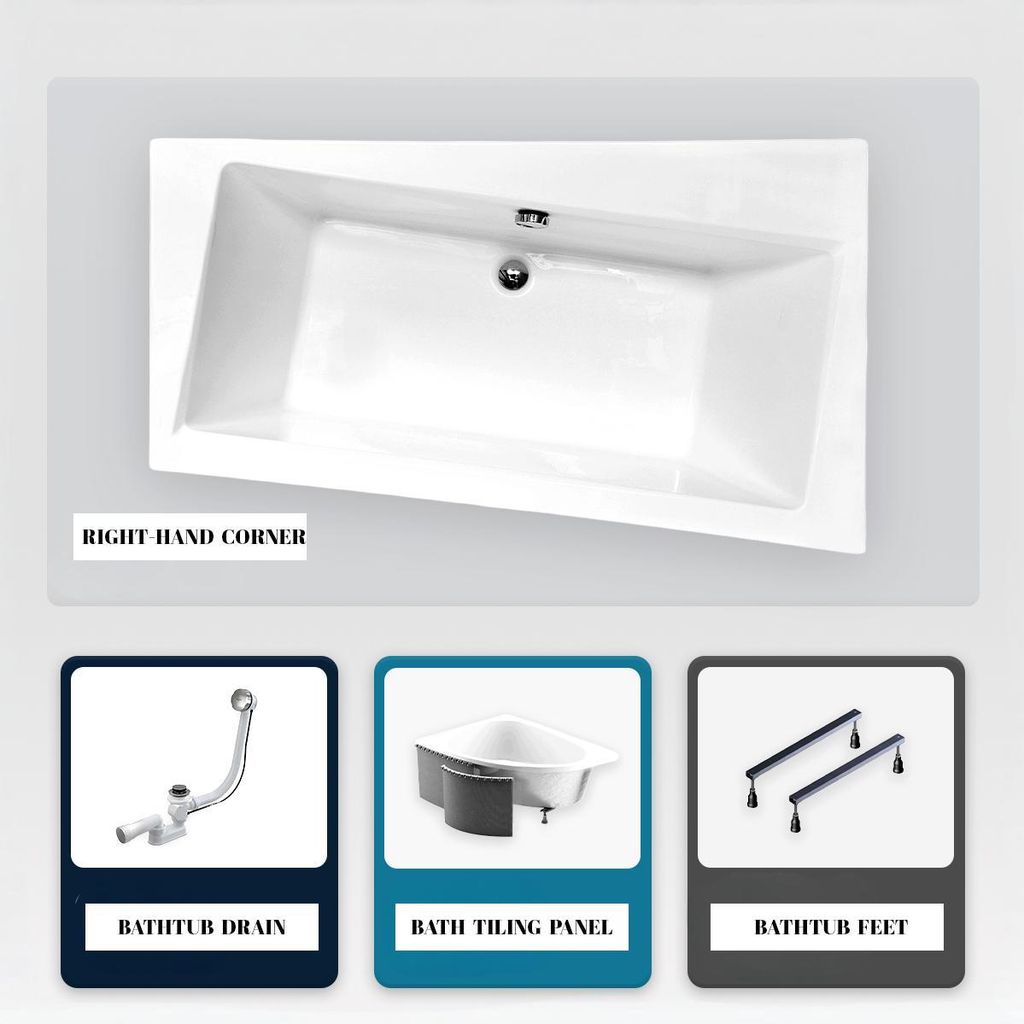 Asymmetrische Badewanne - 150 x 90 cm - Links - mit Verkleidung - mit Füßen - Ablaufgarnitur Chrom - INFINITY