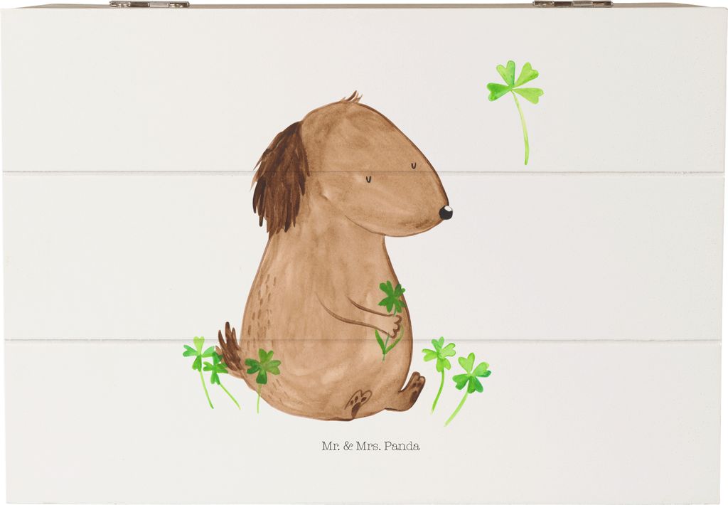Mr. & Mrs. Panda Box Hund Kleeblatt 22 x 15 cm - Weiß - Geschenk, Viel Glück, Kiste mit Deckel, Aufbewahrungsbox Holz, Neuanfang, Erinnerungsbox,...