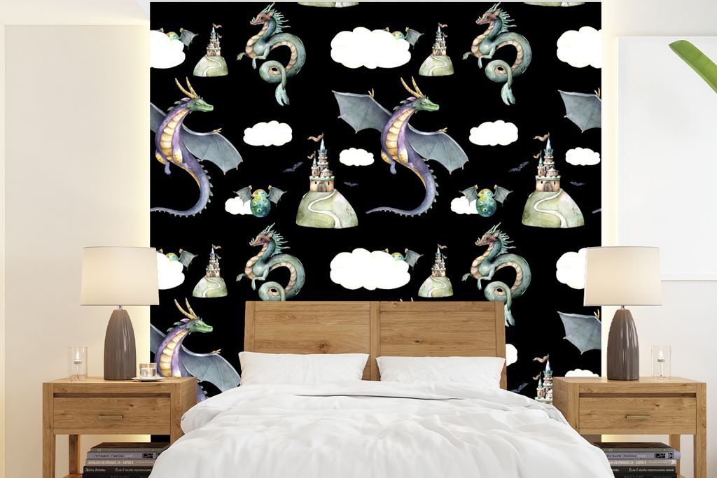 MuchoWow Fototapete für Wohnzimmer oder Schlafzimmer Wandtapete Vinyl Motivtapete Jungen - Muster - Drache - Burg - 200x220 cm - Vinyltapeten