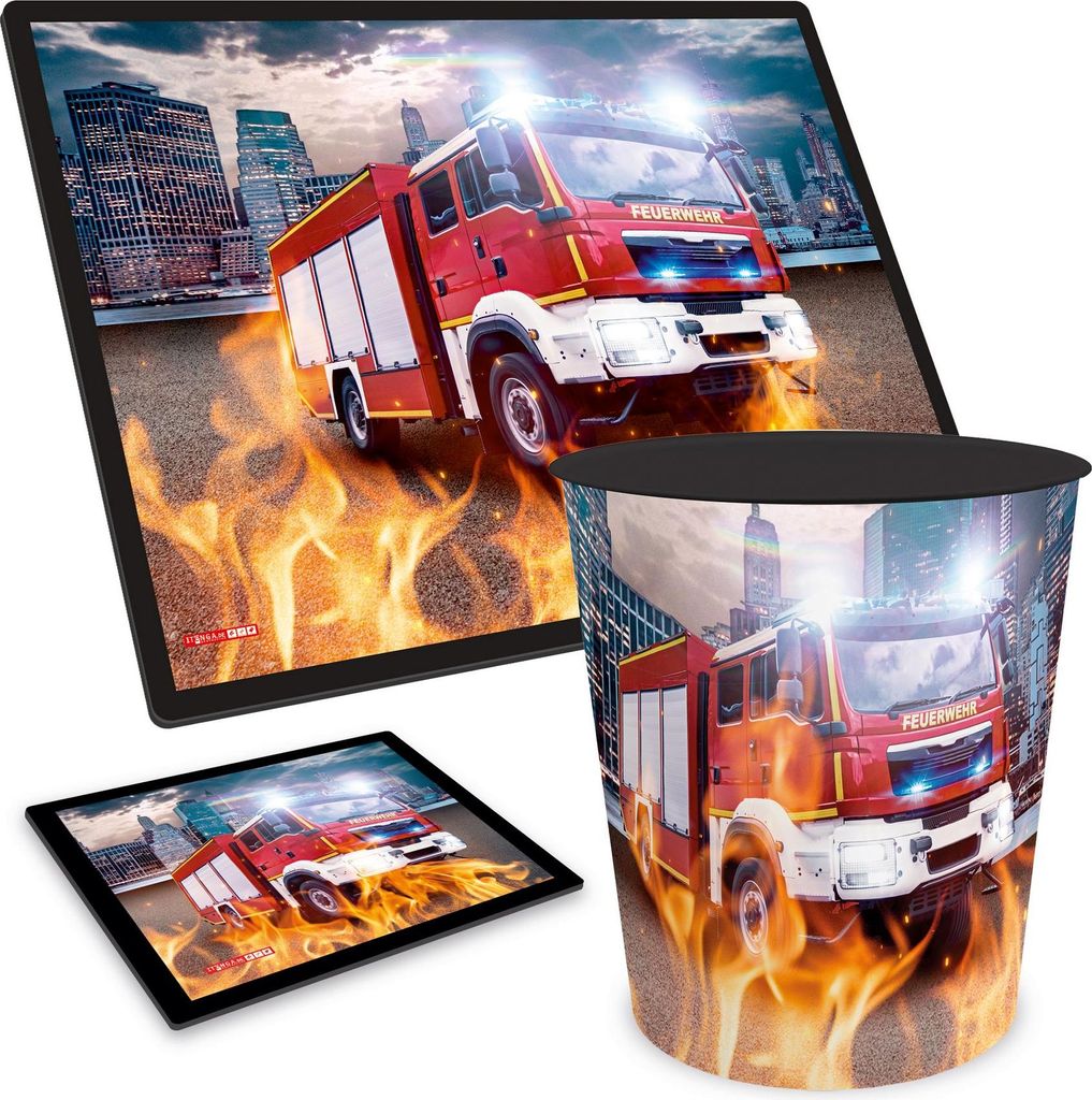 ITENGA Papierkorb Schreibtischunterlage Mauspad Set - ca. 11 Liter - FEUERWEHR