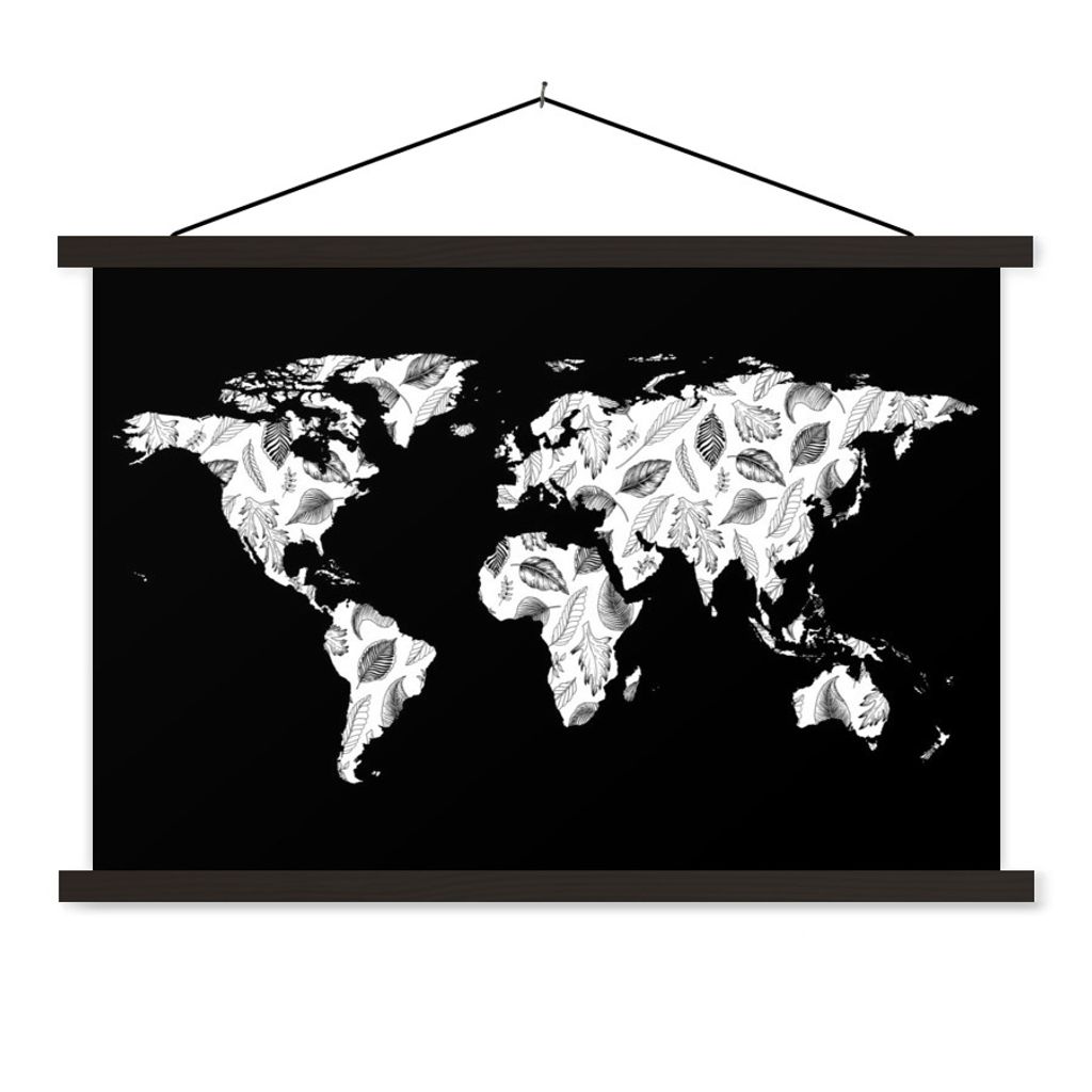 MuchoWow Textilposter Weltkarte - Blätter - Schwarz - Weiß 120x80 cm mit schwarzem Rahmen - Wanddeko