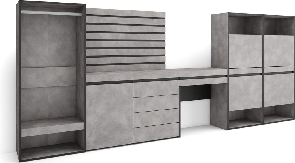 Schuhregal, Schuhschrank, 357x35x145 cm, Für Schlafzimmer, Offener Kleiderschrank, Kommode mit Schubladen, Lamellenwand Holz, Schminktisch, Zement...