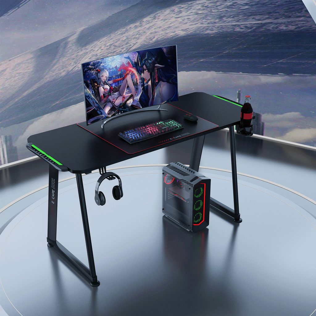 Gaming Tisch mit RGB LED Beleuchtung 56,5 x 73 x 116,5 cm Ergonomischer  Computertisch PC Schreibtisch Gaming Gamer Tisch mit Kabelbox  Getränkehalter Kopfhörerhalterung Schwarz