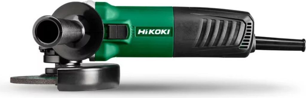 A HiKOKI angle grinder is shown against a white background.